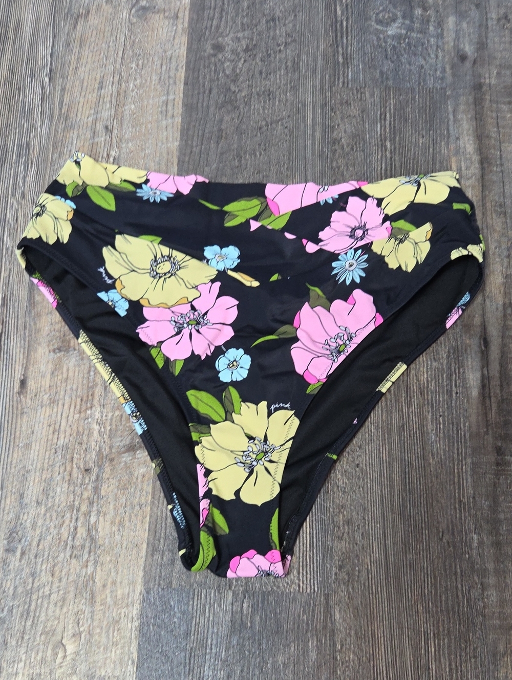 PINK Victoria's Secret Black Floral High-Cut Bikini Bottoms